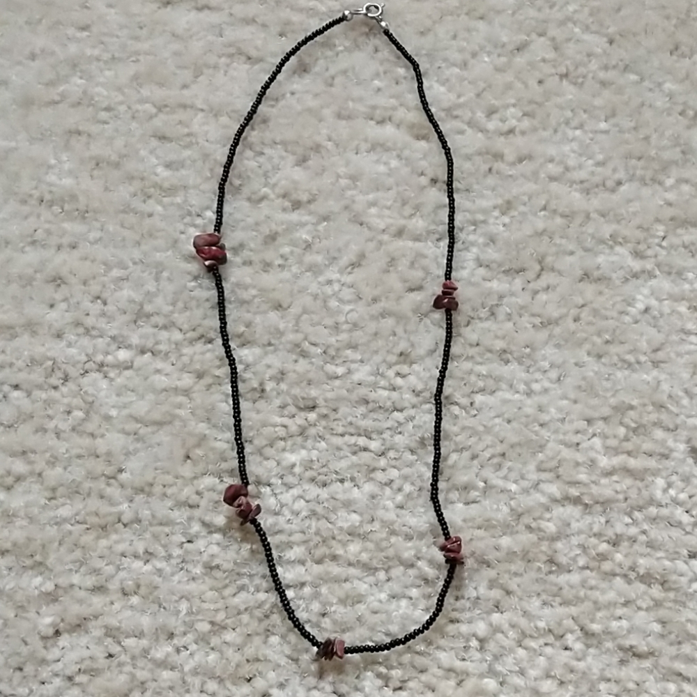 Tiny black bead and red stone necklace